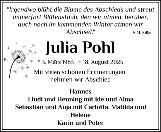 Traueranzeige von Julia Pohl von Eckernförder Zeitung, Hallo Eckernförde