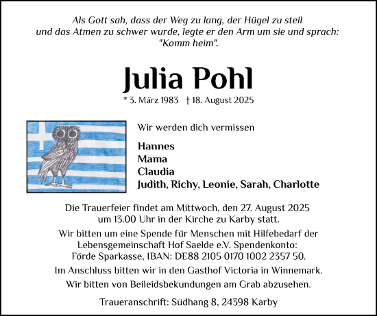 Traueranzeige von Julia Pohl von Schleswiger Nachrichten, Schlei-Bote, Eckernförder Zeitung