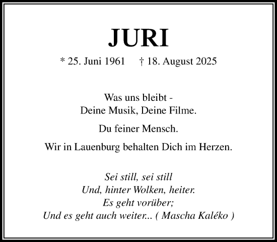 Traueranzeige von Juri  von Wochenend Anzeiger
