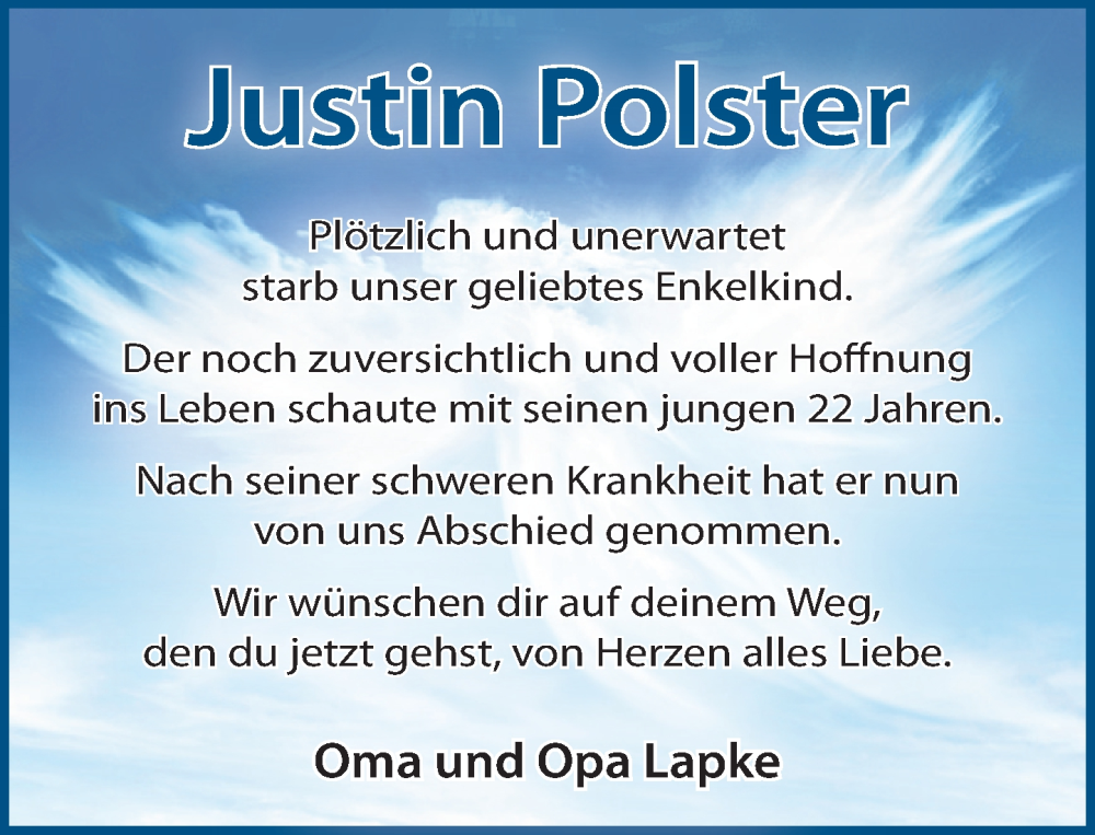  Traueranzeige für Justin Polster vom 30.08.2025 aus MARKT Ahrensburg/Bargteheide/Trittau und Stormarner Tageblatt