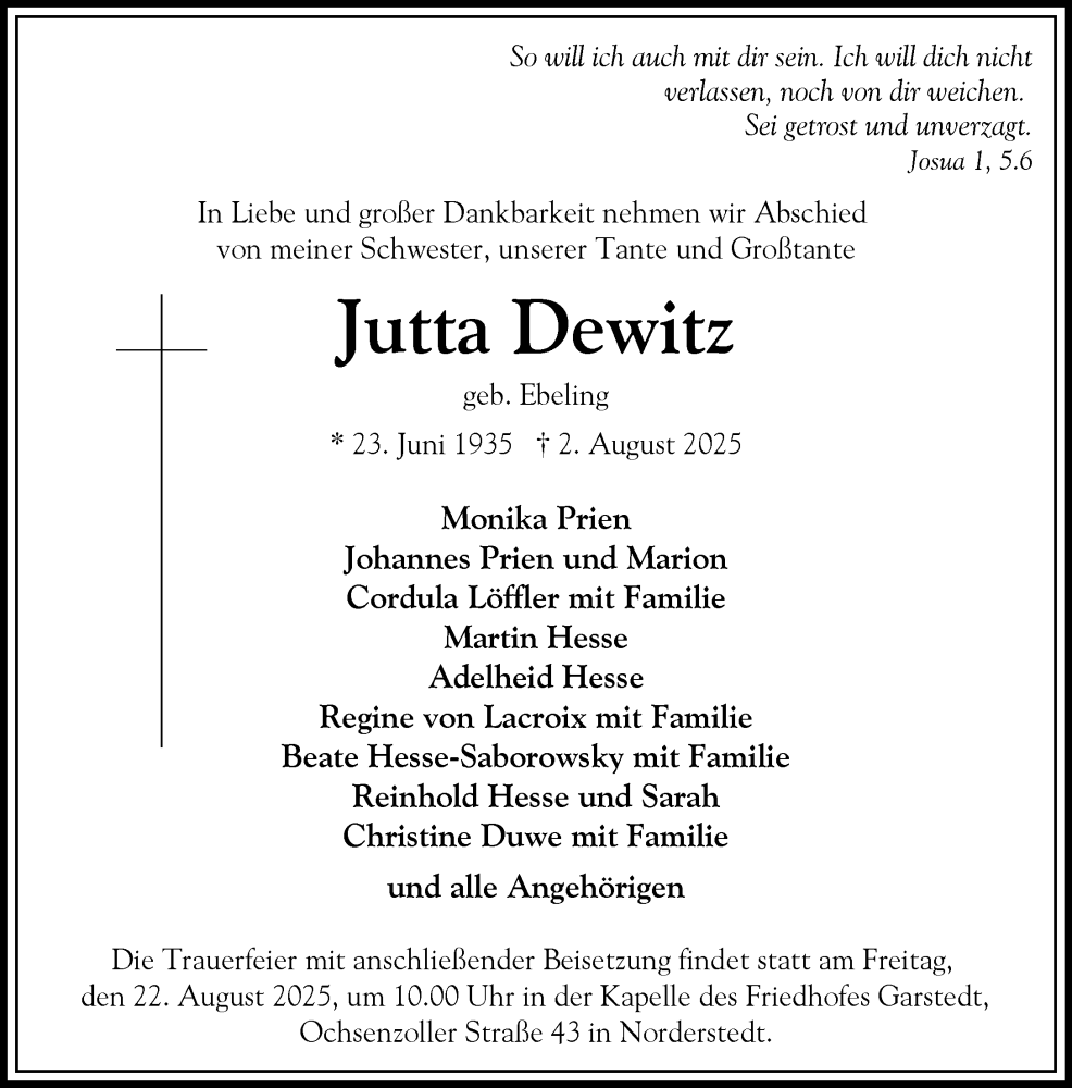  Traueranzeige für Jutta Dewitz vom 16.08.2025 aus Heimatspiegel