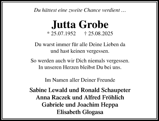 Traueranzeige von Jutta Grobe von Wochenend Anzeiger