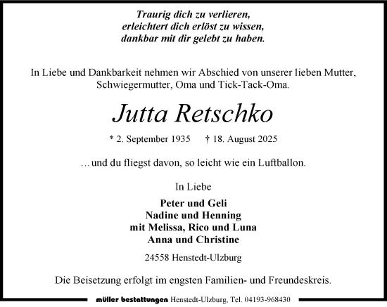 Traueranzeige von Jutta Retschko von Umschau
