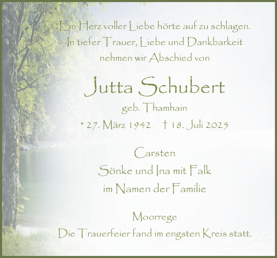 Traueranzeige von Jutta Schubert von Uetersener Nachrichten, Der tip am Wochenende