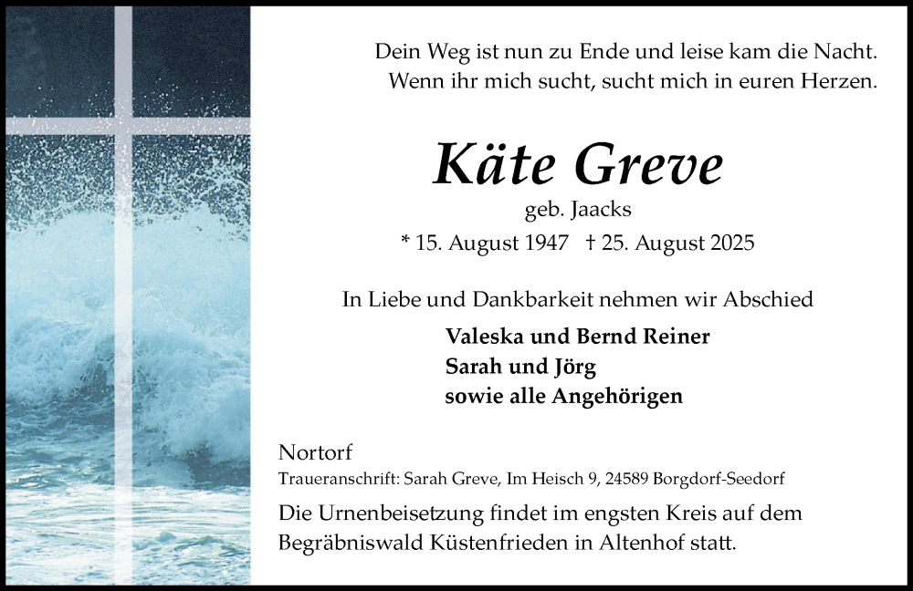  Traueranzeige für Käte Greve vom 30.08.2025 aus Schleswig-Holsteinische Landeszeitung