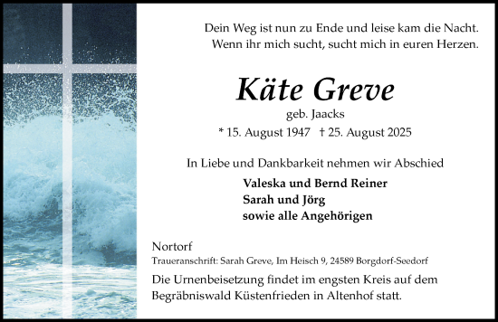 Traueranzeige von Käte Greve von Schleswig-Holsteinische Landeszeitung