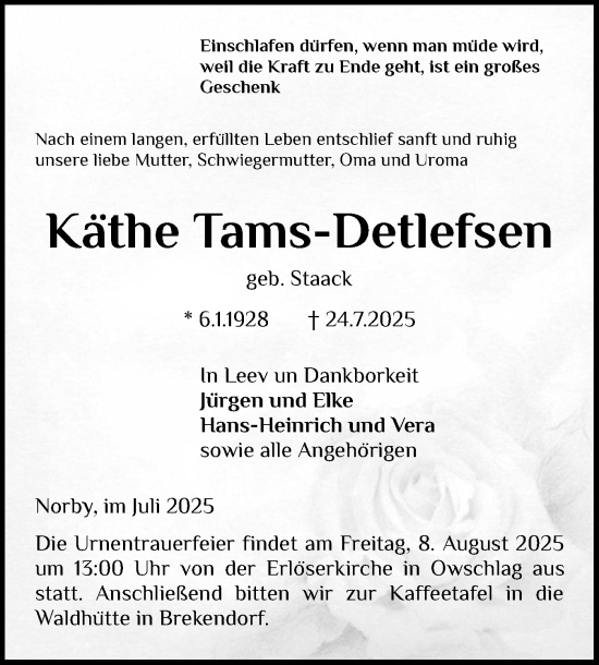Traueranzeige von Käthe Tams-Detlefsen von Schleswig-Holsteinische Landeszeitung