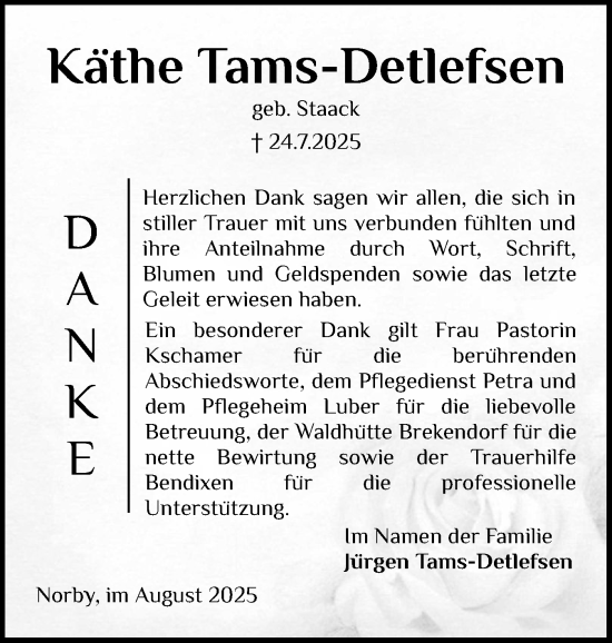 Traueranzeige von Käthe Tams-Detlefsen von Schleswig-Holsteinische Landeszeitung