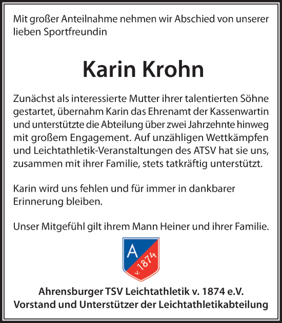 Traueranzeige von Karin Krohn von MARKT Ahrensburg/Bargteheide/Trittau und Stormarner Tageblatt