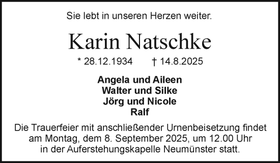 Traueranzeige von Karin Natschke von Holsteinischer Courier