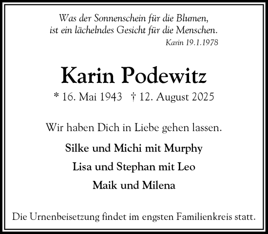 Traueranzeige von Karin Podewitz von Heimatspiegel
