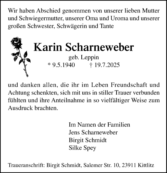 Traueranzeige von Karin Scharneweber von MARKT Ratzeburg/Mölln