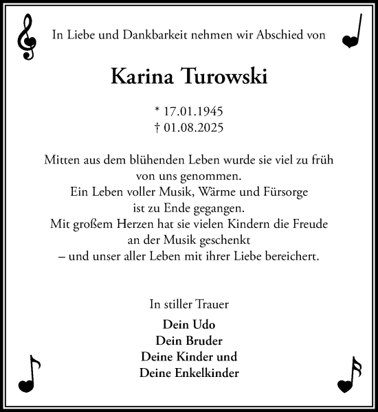 Traueranzeige von Karina Turowski von MARKT Ratzeburg/Mölln