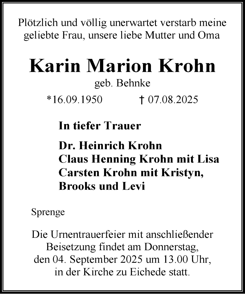  Traueranzeige für Karin Marion Krohn vom 23.08.2025 aus MARKT Ahrensburg/Bargteheide/Trittau und Stormarner Tageblatt