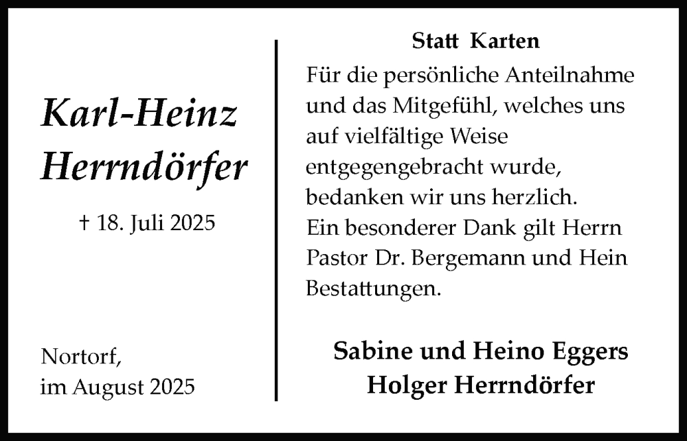  Traueranzeige für Karl-Heinz Herrndörfer vom 09.08.2025 aus Schleswig-Holsteinische Landeszeitung