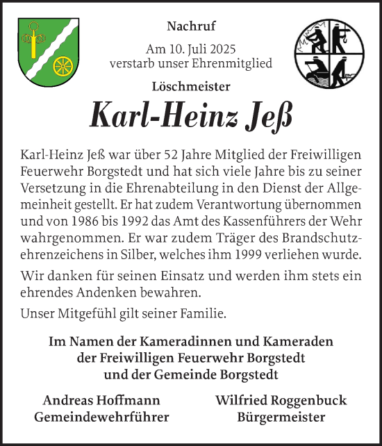 Traueranzeige von Karl-Heinz Jeß von Schleswig-Holsteinische Landeszeitung