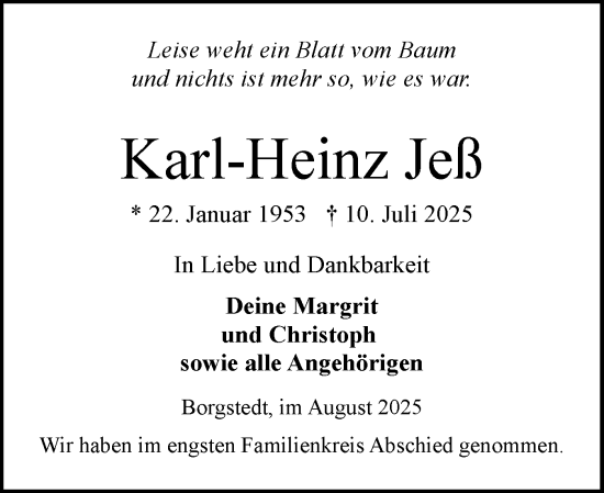 Traueranzeige von Karl-Heinz Jeß von Schleswig-Holsteinische Landeszeitung