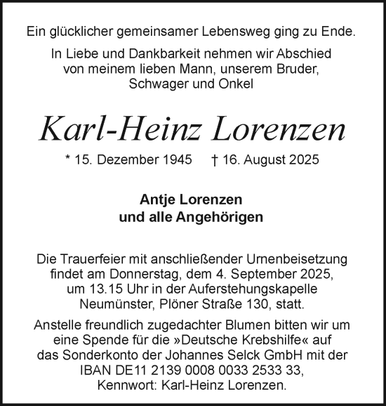 Traueranzeige von Karl-Heinz Lorenzen von Holsteinischer Courier