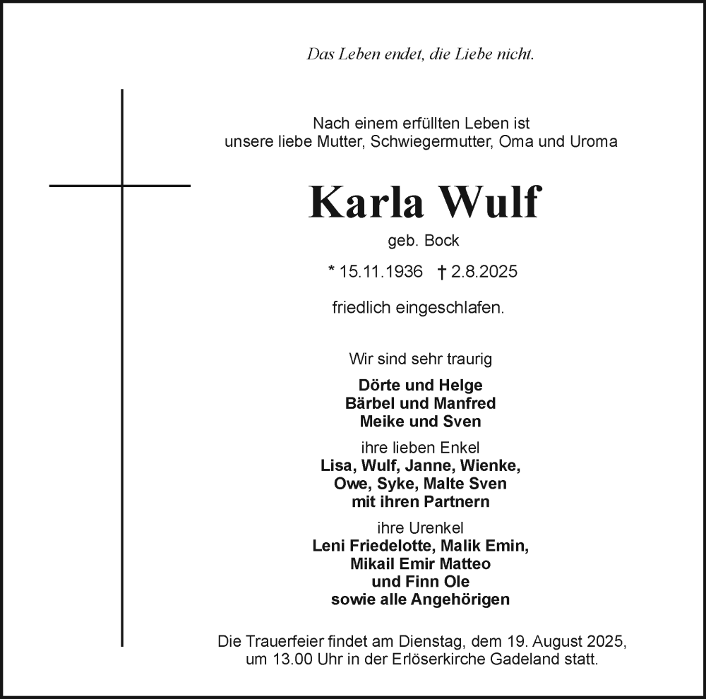  Traueranzeige für Karla Wulf vom 09.08.2025 aus Holsteinischer Courier