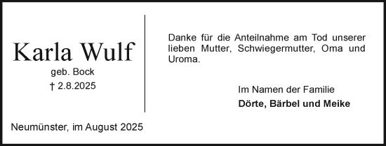 Traueranzeige von Karla Wulf von Holsteinischer Courier