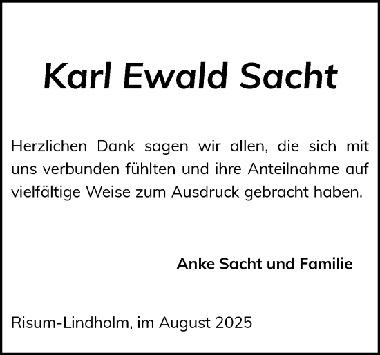 Traueranzeige von Karl Ewald Sacht von Region Flensburg