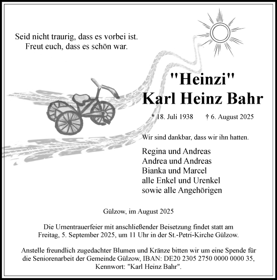 Traueranzeige von Karl Heinz Bahr von Wochenend Anzeiger