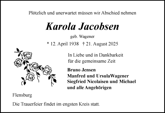Traueranzeige von Karola Jacobsen von Flensburger Tageblatt