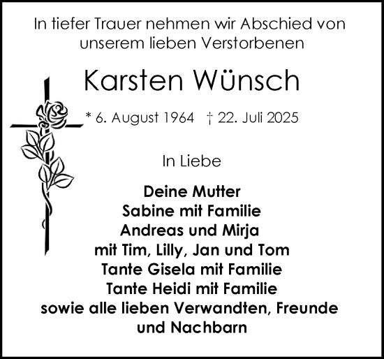 Traueranzeige von Karsten Wünsch von Schleswig-Holsteinische Landeszeitung