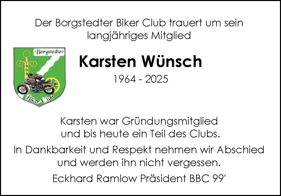 Traueranzeige von Karsten Wünsch von Schleswig-Holsteinische Landeszeitung