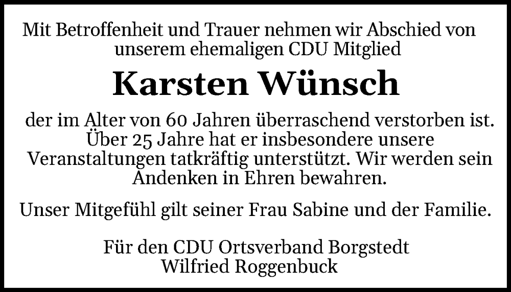  Traueranzeige für Karsten Wünsch vom 23.08.2025 aus Schleswig-Holsteinische Landeszeitung