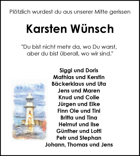 Traueranzeige von Karsten Wünsch von Schleswig-Holsteinische Landeszeitung