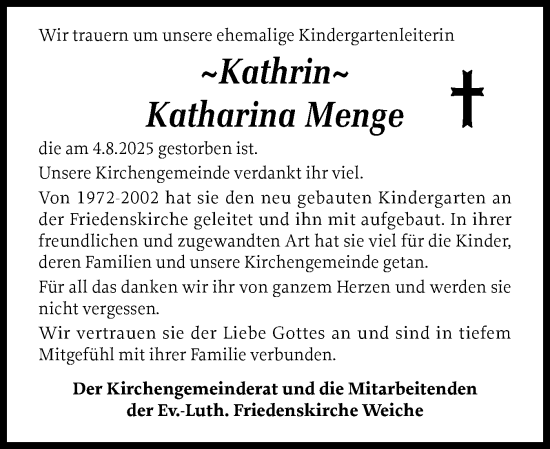 Traueranzeige von Katharina Menge von Flensburger Tageblatt