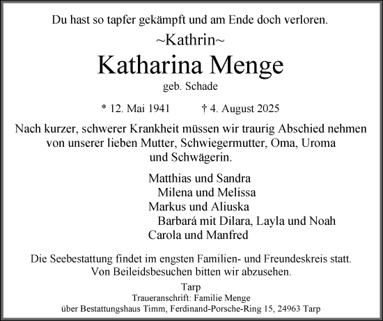 Traueranzeige von Katharina Menge von Flensburger Tageblatt, Schleswiger Nachrichten, Schlei-Bote