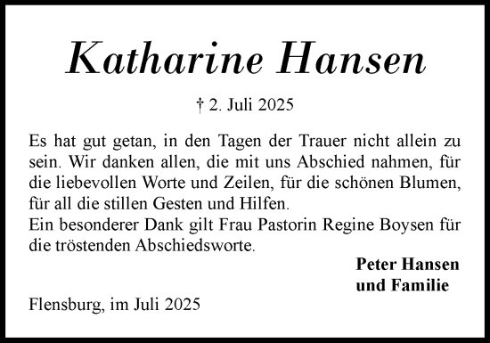 Traueranzeige von Katharine Hansen von Flensburger Tageblatt