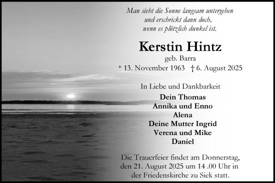 Traueranzeige von Kerstin Hintz von MARKT Ahrensburg/Bargteheide/Trittau und Stormarner Tageblatt