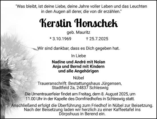 Traueranzeige von Kerstin Honschek von Schleswiger Nachrichten, Schlei-Bote