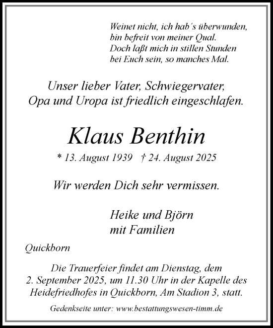 Traueranzeige von Klaus Benthin von Umschau