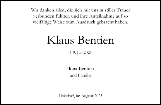 Traueranzeige von Klaus Bentien von MARKT Ahrensburg/Bargteheide/Trittau und Stormarner Tageblatt