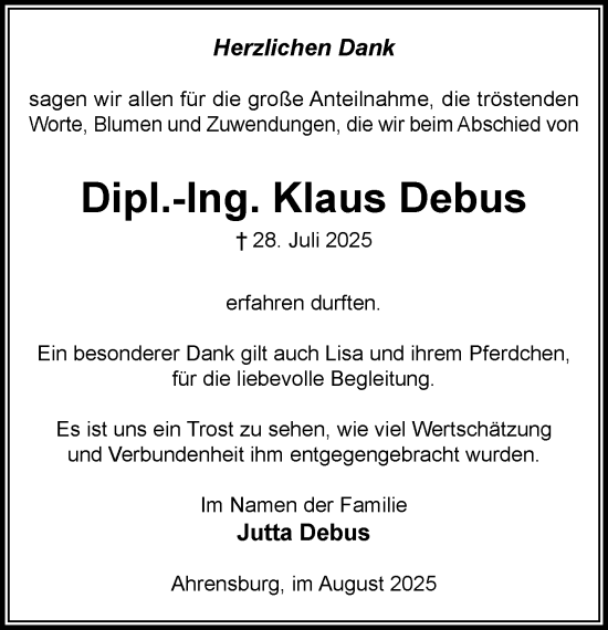 Traueranzeige von Klaus Debus von MARKT Ahrensburg/Bargteheide/Trittau und Stormarner Tageblatt
