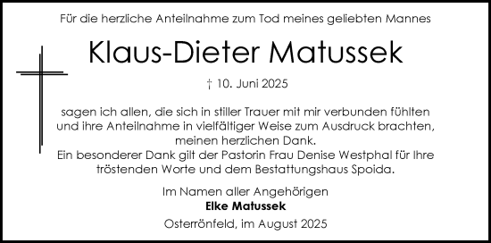 Traueranzeige von Klaus-Dieter Matussek von Schleswig-Holsteinische Landeszeitung