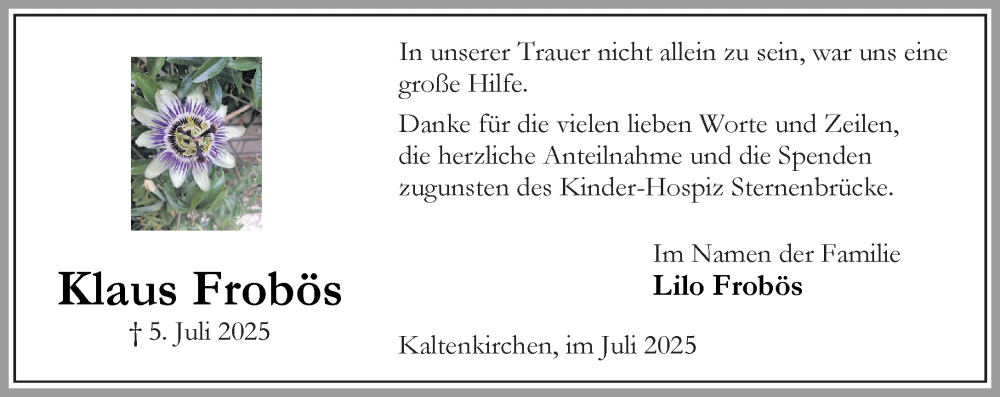  Traueranzeige für Klaus Frobös vom 02.08.2025 aus Umschau