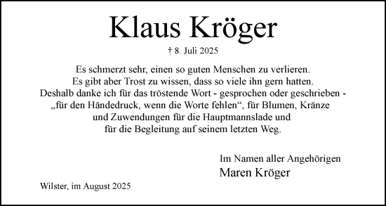 Traueranzeige von Klaus Kröger von Norddeutsche Rundschau, Wilstersche Zeitung, Glückstädter Fortuna