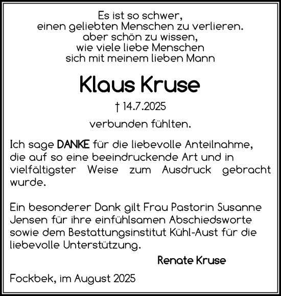 Traueranzeige von Klaus Kruse von Schleswig-Holsteinische Landeszeitung