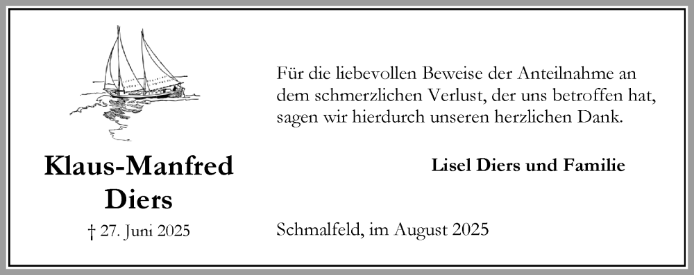  Traueranzeige für Klaus-Manfred Diers vom 02.08.2025 aus Umschau