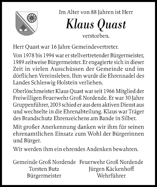 Traueranzeige von Klaus Quast von Uetersener Nachrichten, Der tip am Wochenende
