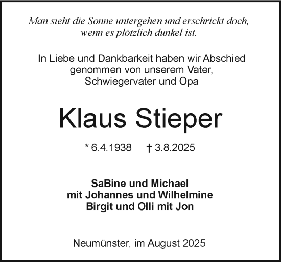 Traueranzeige von Klaus Stieper von Holsteinischer Courier