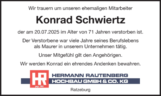 Traueranzeige von Konrad Schwiertz von MARKT Ratzeburg/Mölln