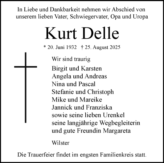 Traueranzeige von Kurt Delle von Norddeutsche Rundschau, Wilstersche Zeitung, Glückstädter Fortuna
