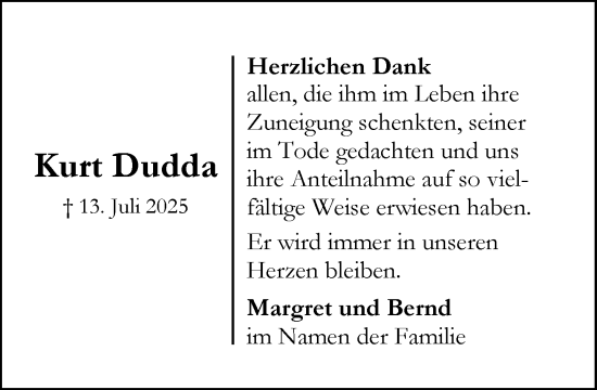 Traueranzeige von Kurt Dudda von MARKT Ahrensburg/Bargteheide/Trittau und Stormarner Tageblatt