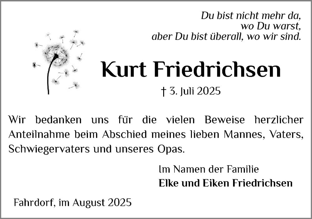  Traueranzeige für Kurt Friedrichsen vom 02.08.2025 aus Schleswiger Nachrichten, Schlei-Bote